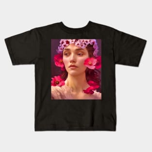 Sad Flower Girl - Portrait Young Woman Adorned with Flowers Kids T-Shirt